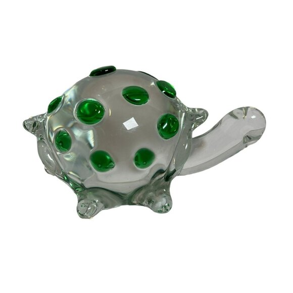 Vintage Art Glass Turtle Crystal Green Dot Large Figurine Paperweight - Picture 2 of 8